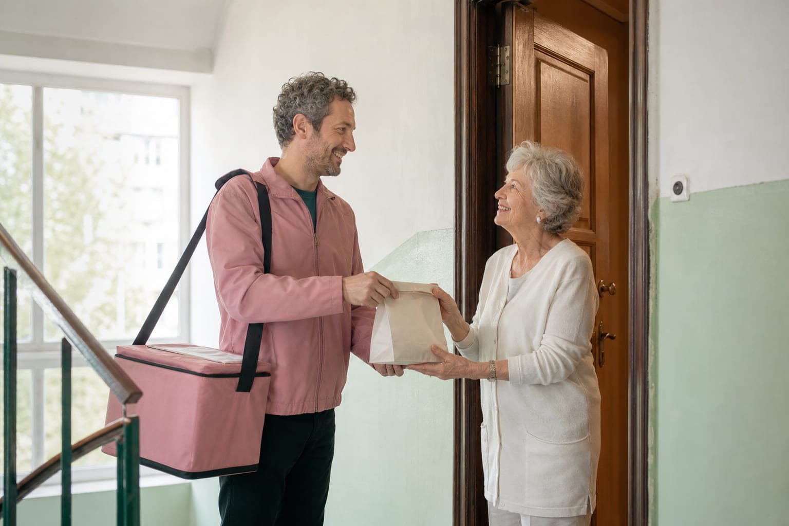 Der Botendienst übergibt eine Tüte an der Wohnungstür