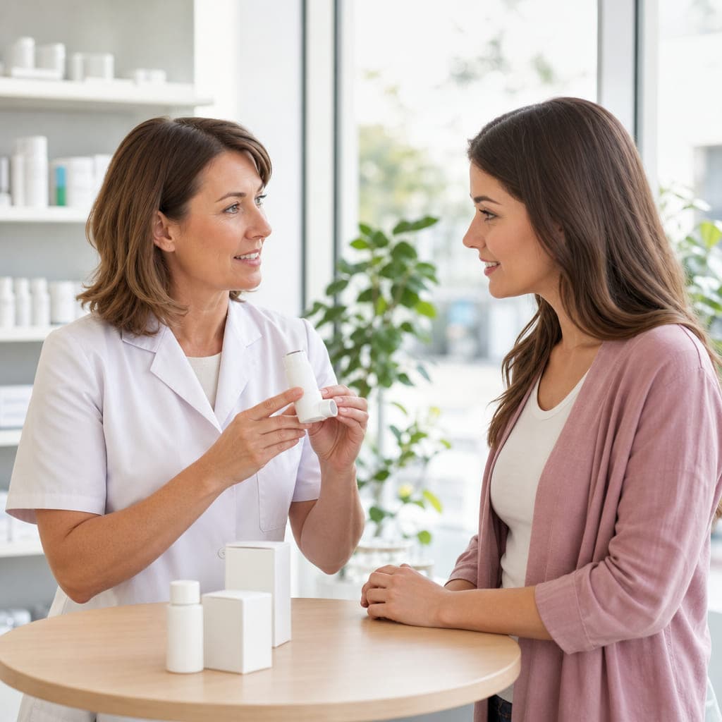 Eine Apothekerin zeigt einer jungen Frau die Handhabung eines Inhalationsgeräts