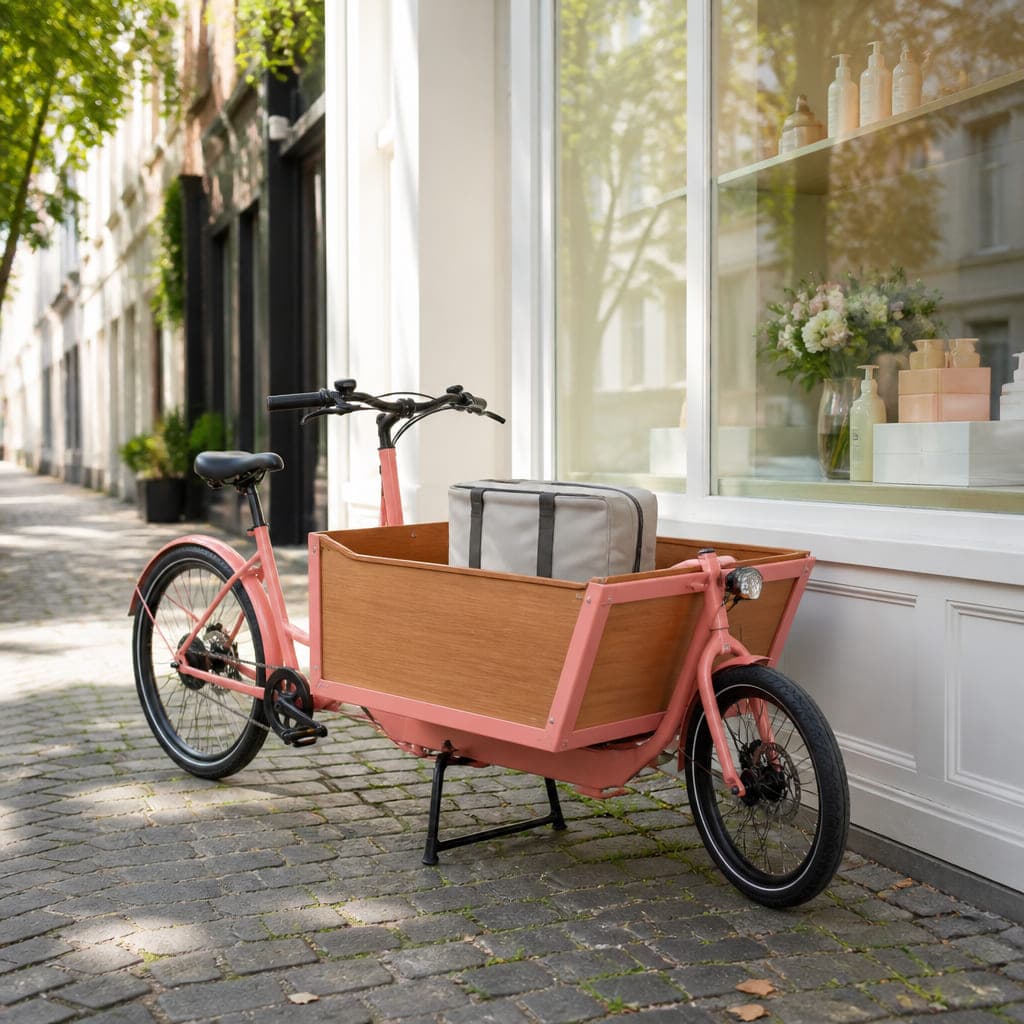 Das Lastenrad des Botendienstes vor dem Schaufenster