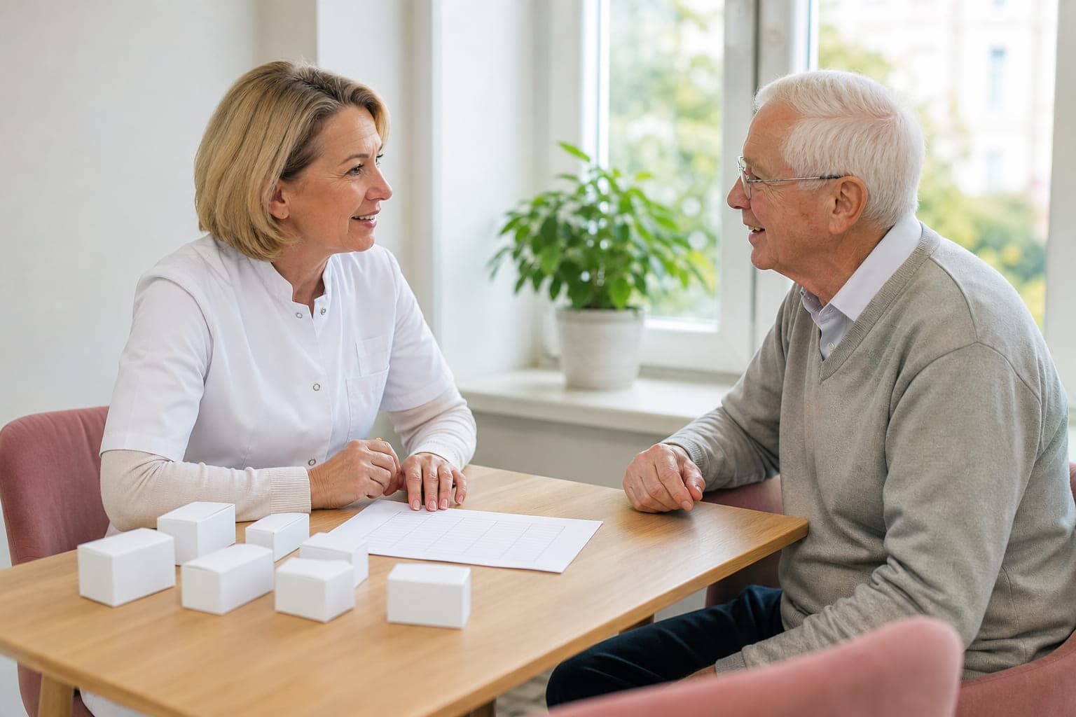 Eine Apothekerin geht mit einem älteren Kunden dessen Medikamente durch